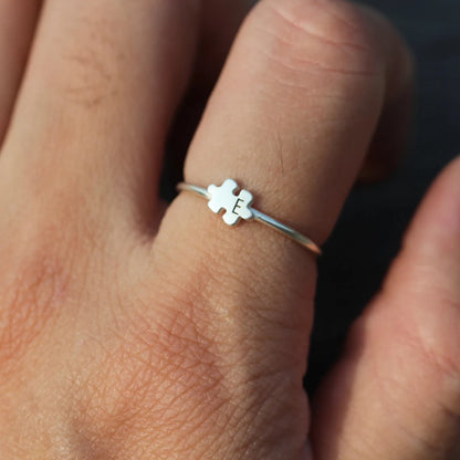 Personalized Autism Awareness Silver Dainty Letter On Puzzle Ring