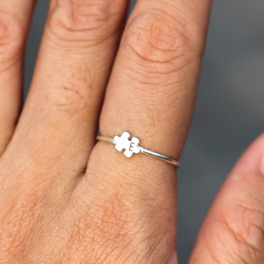 Personalized Autism Awareness Silver Dainty Letter On Puzzle Ring