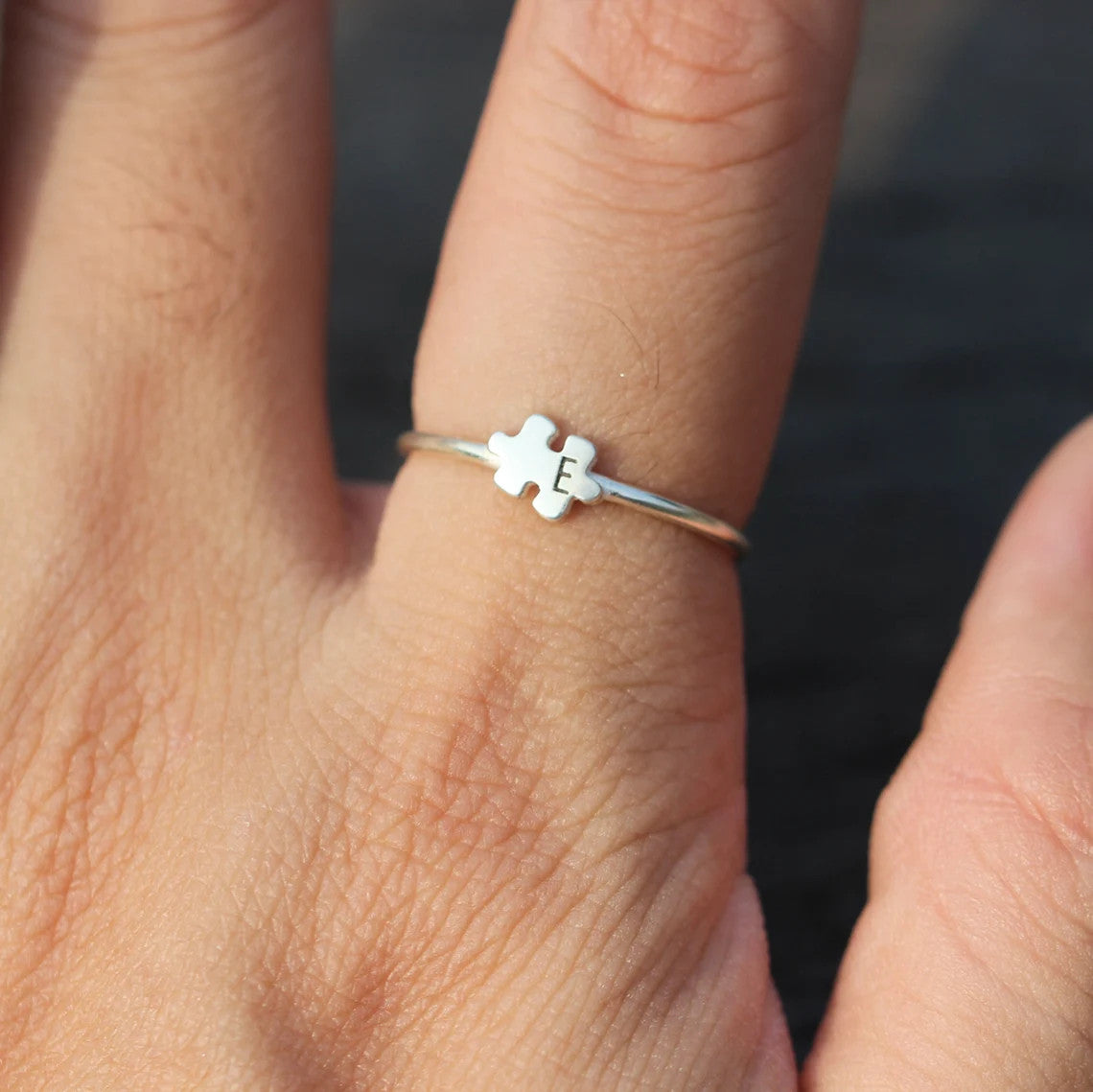 Personalized Autism Awareness Silver Dainty Letter On Puzzle Ring