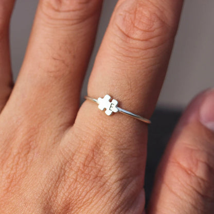 Personalized Autism Awareness Silver Dainty Letter On Puzzle Ring