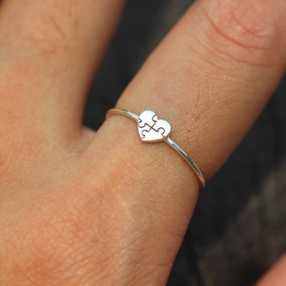 Autism Awareness Silver Dainty Puzzle Heart Ring