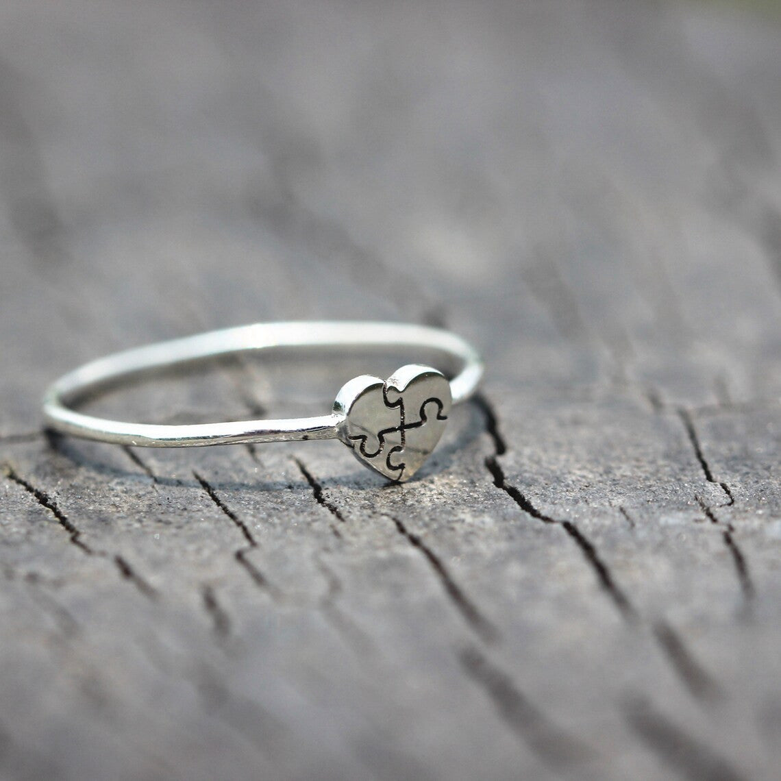 Autism Awareness Silver Dainty Puzzle Heart Ring