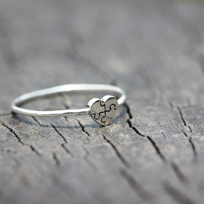 Autism Awareness Silver Dainty Puzzle Heart Ring