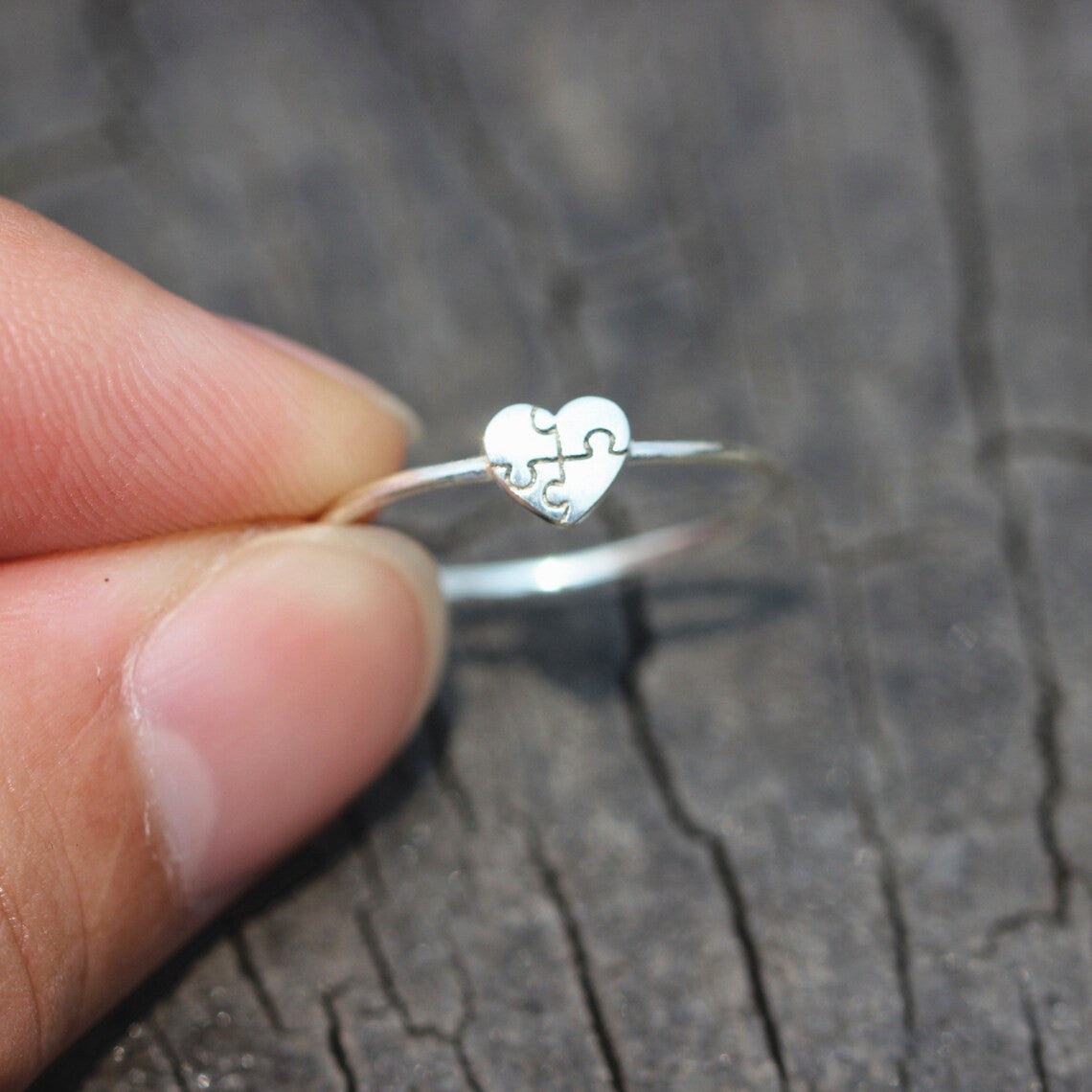 Autism Awareness Silver Dainty Puzzle Heart Ring