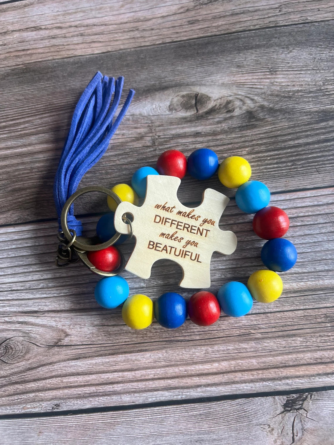 Autism Beaded Keychain Wristlet With Engraved Puzzle Peice For Awareness