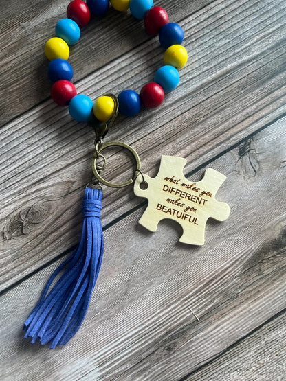 Autism Beaded Keychain Wristlet With Engraved Puzzle Peice For Awareness