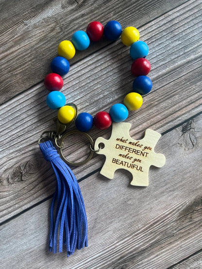 Autism Beaded Keychain Wristlet With Engraved Puzzle Peice For Awareness