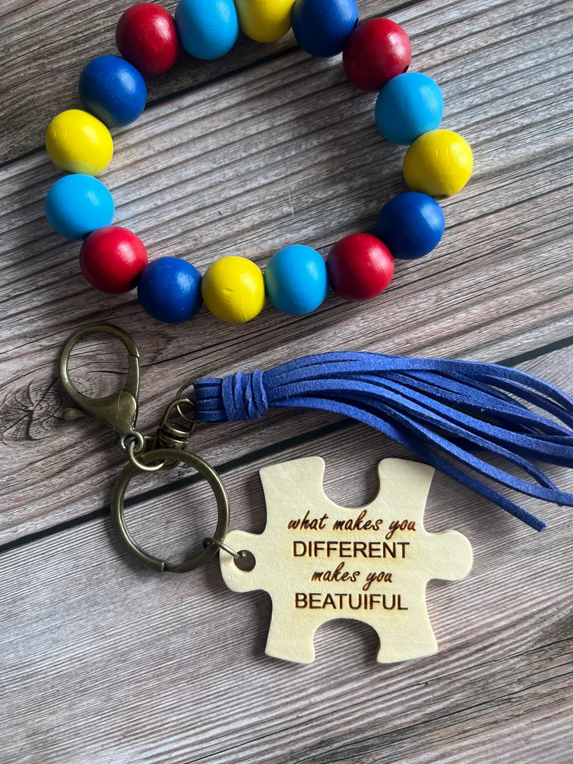 Autism Beaded Keychain Wristlet With Engraved Puzzle Peice For Awareness