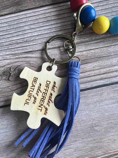 Autism Beaded Keychain Wristlet With Engraved Puzzle Peice For Awareness