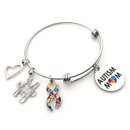 Autism Mom Charm Bracelet, Puzzle Piece Charm and Colorful Awareness Ribbon