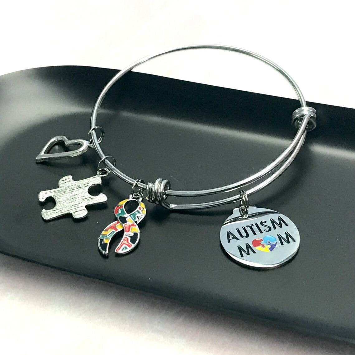 Autism Mom Charm Bracelet, Puzzle Piece Charm and Colorful Awareness Ribbon