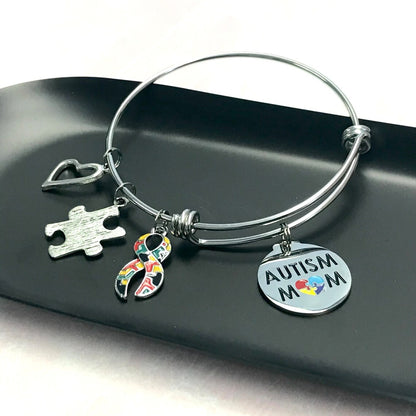 Autism Mom Charm Bracelet, Puzzle Piece Charm and Colorful Awareness Ribbon