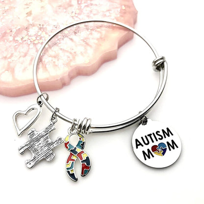 Autism Mom Charm Bracelet, Puzzle Piece Charm and Colorful Awareness Ribbon