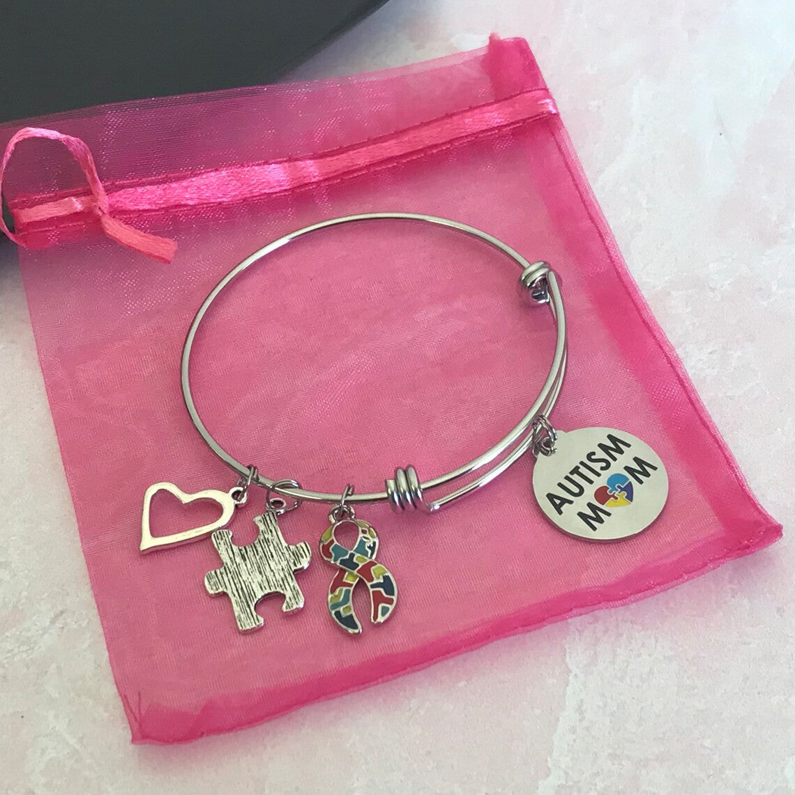 Autism Mom Charm Bracelet, Puzzle Piece Charm and Colorful Awareness Ribbon