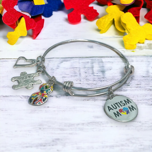 Autism Mom Charm Bracelet, Puzzle Piece Charm and Colorful Awareness Ribbon