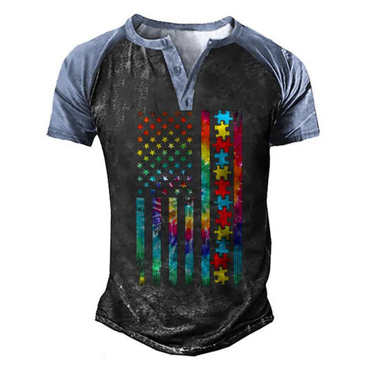 Autism American Flag Tie Dye Autism Awareness Boys Kids Men's Henley Shirt Raglan Sleeve 3D Print T-shirt