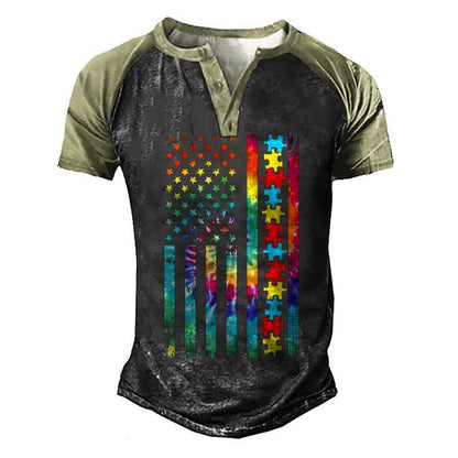 Autism American Flag Tie Dye Autism Awareness Boys Kids Men's Henley Shirt Raglan Sleeve 3D Print T-shirt