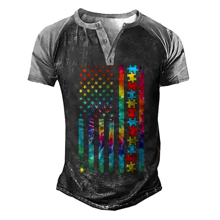 Autism American Flag Tie Dye Autism Awareness Boys Kids Men's Henley Shirt Raglan Sleeve 3D Print T-shirt