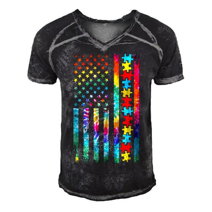 Autism American Flag Tie Dye Autism Awareness Boys Kids Men's Short Sleeve V-neck 3D Print Retro Tshirt