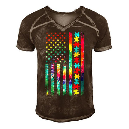 Autism American Flag Tie Dye Autism Awareness Boys Kids Men's Short Sleeve V-neck 3D Print Retro Tshirt