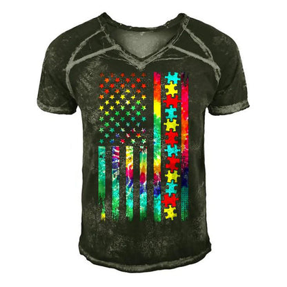 Autism American Flag Tie Dye Autism Awareness Boys Kids Men's Short Sleeve V-neck 3D Print Retro Tshirt