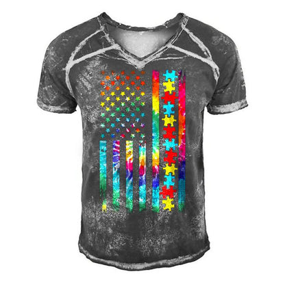 Autism American Flag Tie Dye Autism Awareness Boys Kids Men's Short Sleeve V-neck 3D Print Retro Tshirt