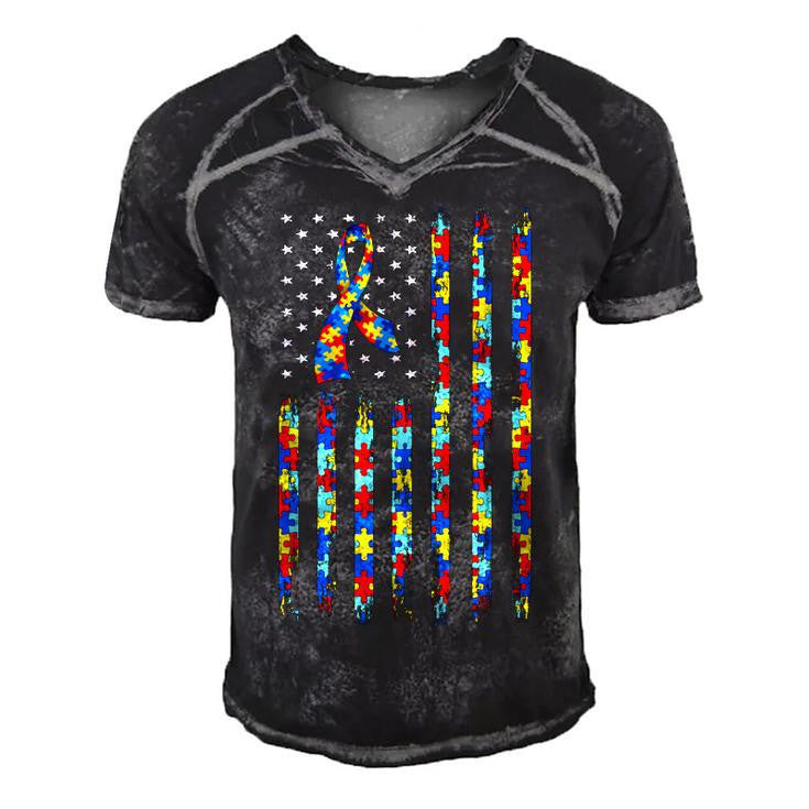 Autism Awareness American Flag Ribbon Puzzle Autism Men's Short Sleeve V-neck 3D Print Retro Tshirt