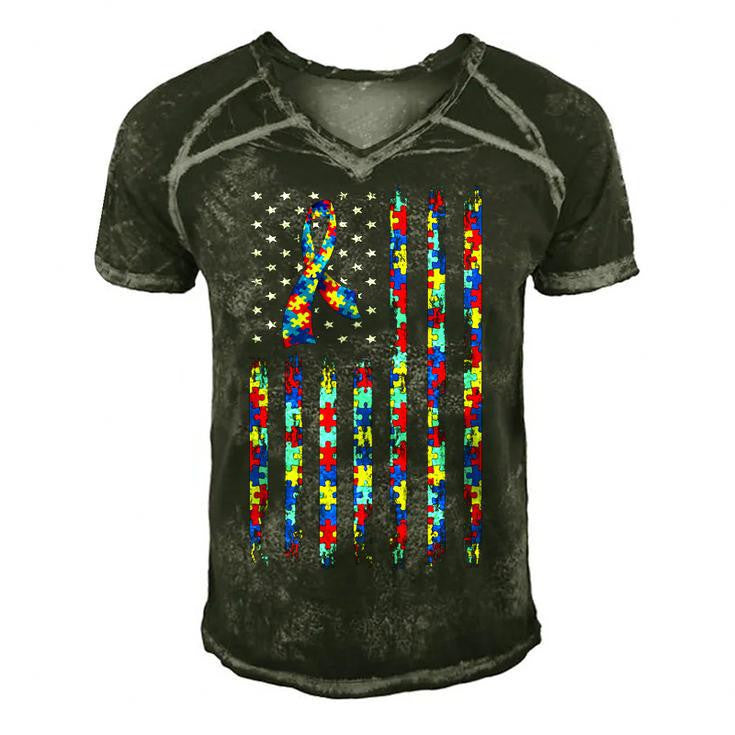 Autism Awareness American Flag Ribbon Puzzle Autism Men's Short Sleeve V-neck 3D Print Retro Tshirt