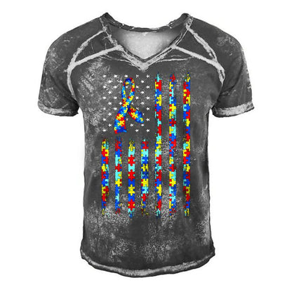 Autism Awareness American Flag Ribbon Puzzle Autism Men's Short Sleeve V-neck 3D Print Retro Tshirt