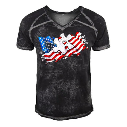 Autism American Flag Puzzle Autism Awareness Support Men's Short Sleeve V-neck 3D Print Retro Tshirt