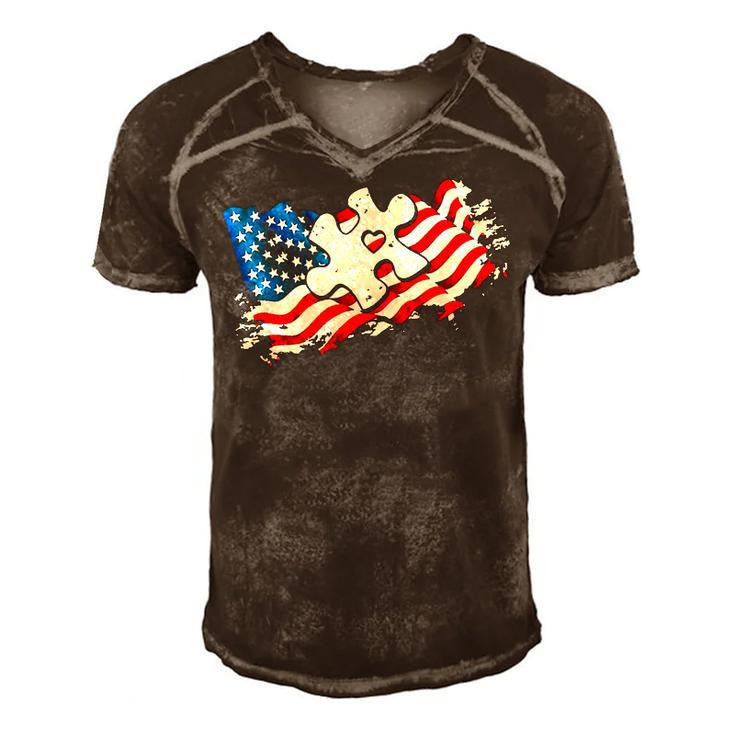 Autism American Flag Puzzle Autism Awareness Support Men's Short Sleeve V-neck 3D Print Retro Tshirt