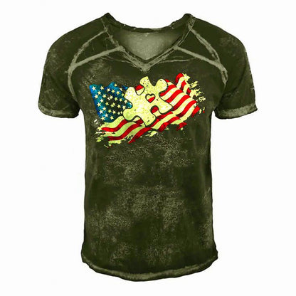 Autism American Flag Puzzle Autism Awareness Support Men's Short Sleeve V-neck 3D Print Retro Tshirt