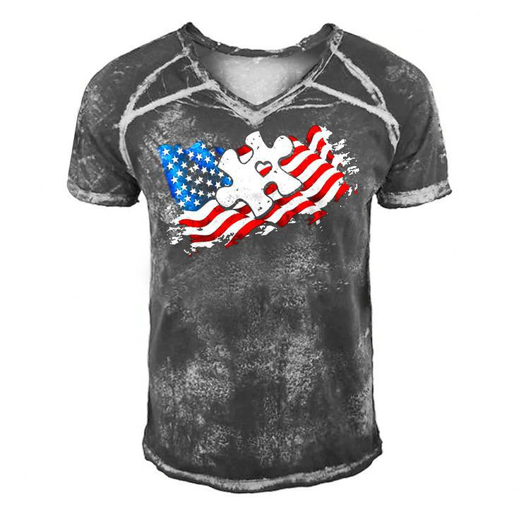 Autism American Flag Puzzle Autism Awareness Support Men's Short Sleeve V-neck 3D Print Retro Tshirt