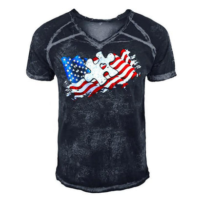 Autism American Flag Puzzle Autism Awareness Support Men's Short Sleeve V-neck 3D Print Retro Tshirt