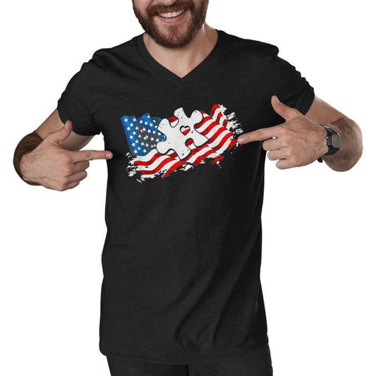 Autism American Flag Puzzle Autism Awareness Support Men V-Neck Tshirt