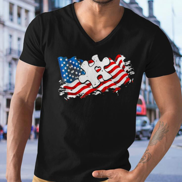 Autism American Flag Puzzle Autism Awareness Support Men V-Neck Tshirt