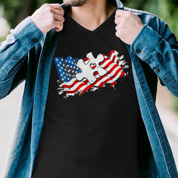 Autism American Flag Puzzle Autism Awareness Support Men V-Neck Tshirt