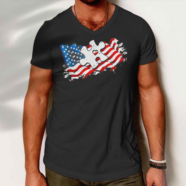 Autism American Flag Puzzle Autism Awareness Support Men V-Neck Tshirt