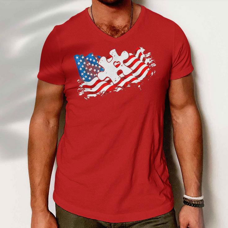 Autism American Flag Puzzle Autism Awareness Support Men V-Neck Tshirt