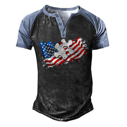 Autism American Flag Puzzle Autism Awareness Support Men's Henley Shirt Raglan Sleeve 3D Print T-shirt