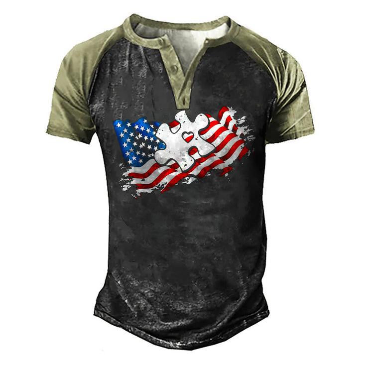 Autism American Flag Puzzle Autism Awareness Support Men's Henley Shirt Raglan Sleeve 3D Print T-shirt