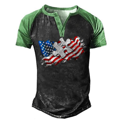 Autism American Flag Puzzle Autism Awareness Support Men's Henley Shirt Raglan Sleeve 3D Print T-shirt