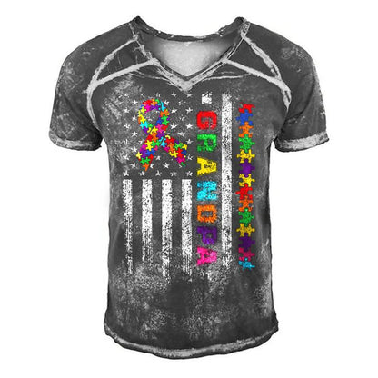 Distressed Autism Grandpa American Flag Family Matching Men's Short Sleeve V-neck 3D Print Retro Tshirt