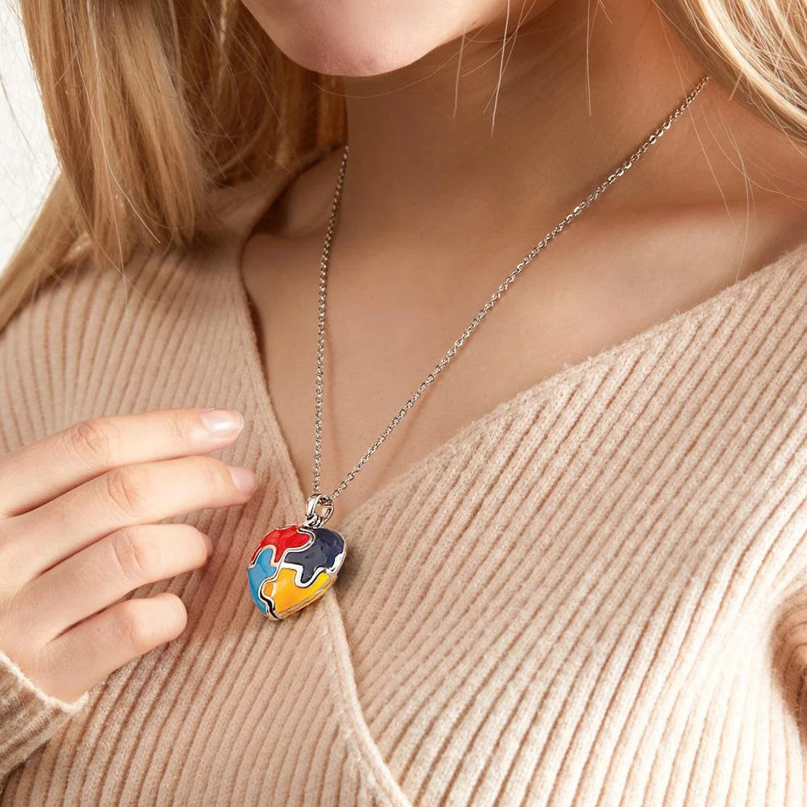 Autism Custom Photo Necklace Colorful Heart Shaped Pendant Necklace Gift for Women - Autism Heart Charm