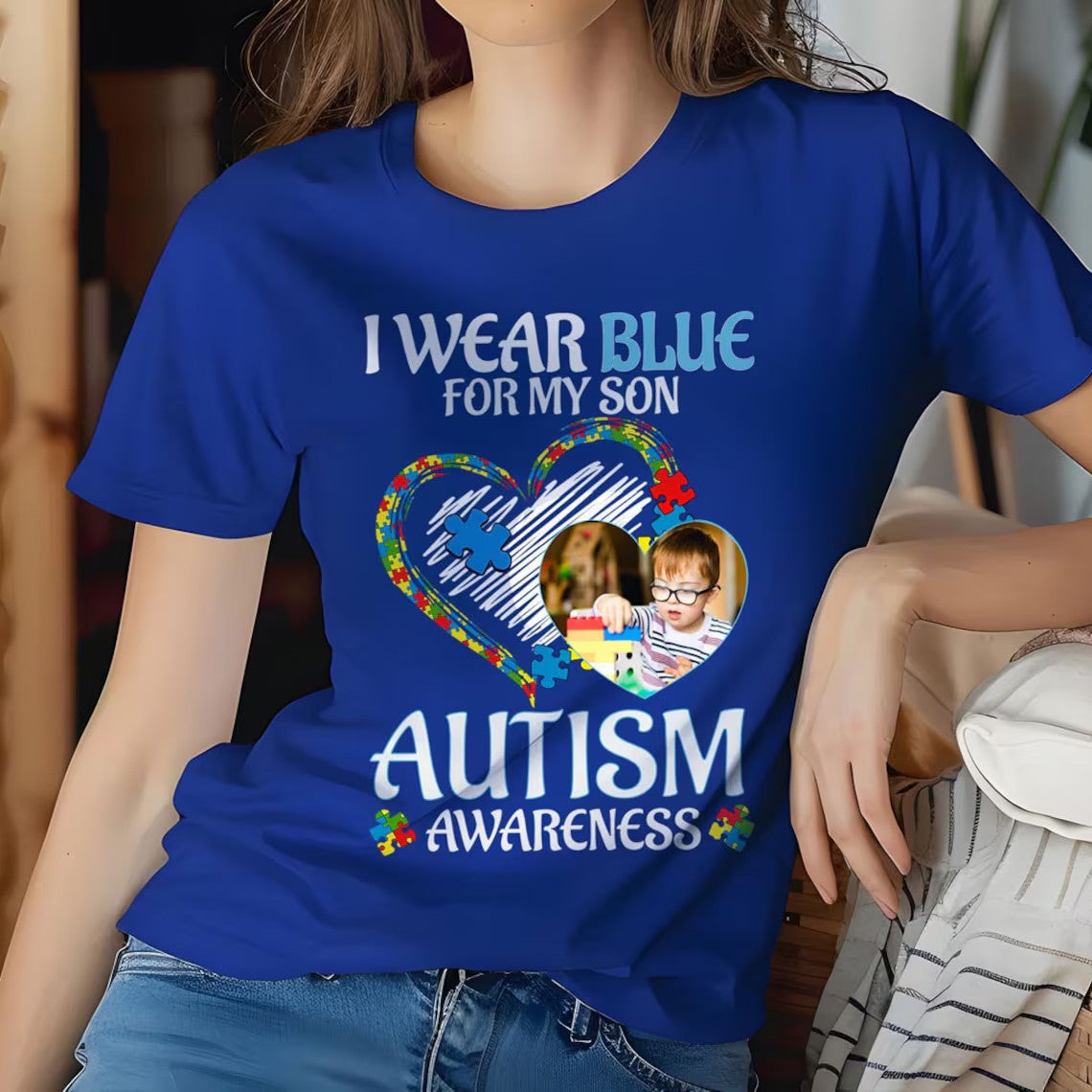 Custom Photo Autism Awareness Shirt, Personalized I Wear Blue For My Son, Grandson, Daughter, Gift For Autism Dad, Autism Mom, Autism Puzzle