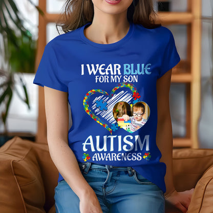 Custom Photo Autism Awareness Shirt, Personalized I Wear Blue For My Son, Grandson, Daughter, Gift For Autism Dad, Autism Mom, Autism Puzzle