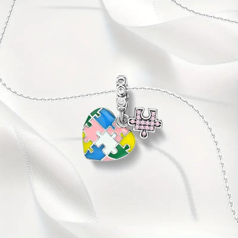 Sterling Silver 925 Heart & Autism Awareness Puzzle Piece Charms, Set of 2, Colorful Enamel, Compatible with 3.4mm Snake Chain Bracelets and Various Necklaces, Fashion DIY Jewelry for Women