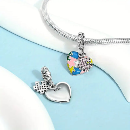 Sterling Silver 925 Heart & Autism Awareness Puzzle Piece Charms, Set of 2, Colorful Enamel, Compatible with 3.4mm Snake Chain Bracelets and Various Necklaces, Fashion DIY Jewelry for Women