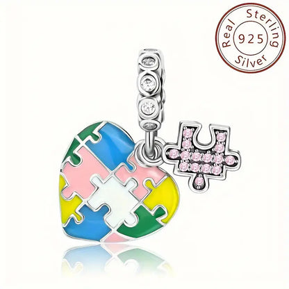 Sterling Silver 925 Heart & Autism Awareness Puzzle Piece Charms, Set of 2, Colorful Enamel, Compatible with 3.4mm Snake Chain Bracelets and Various Necklaces, Fashion DIY Jewelry for Women