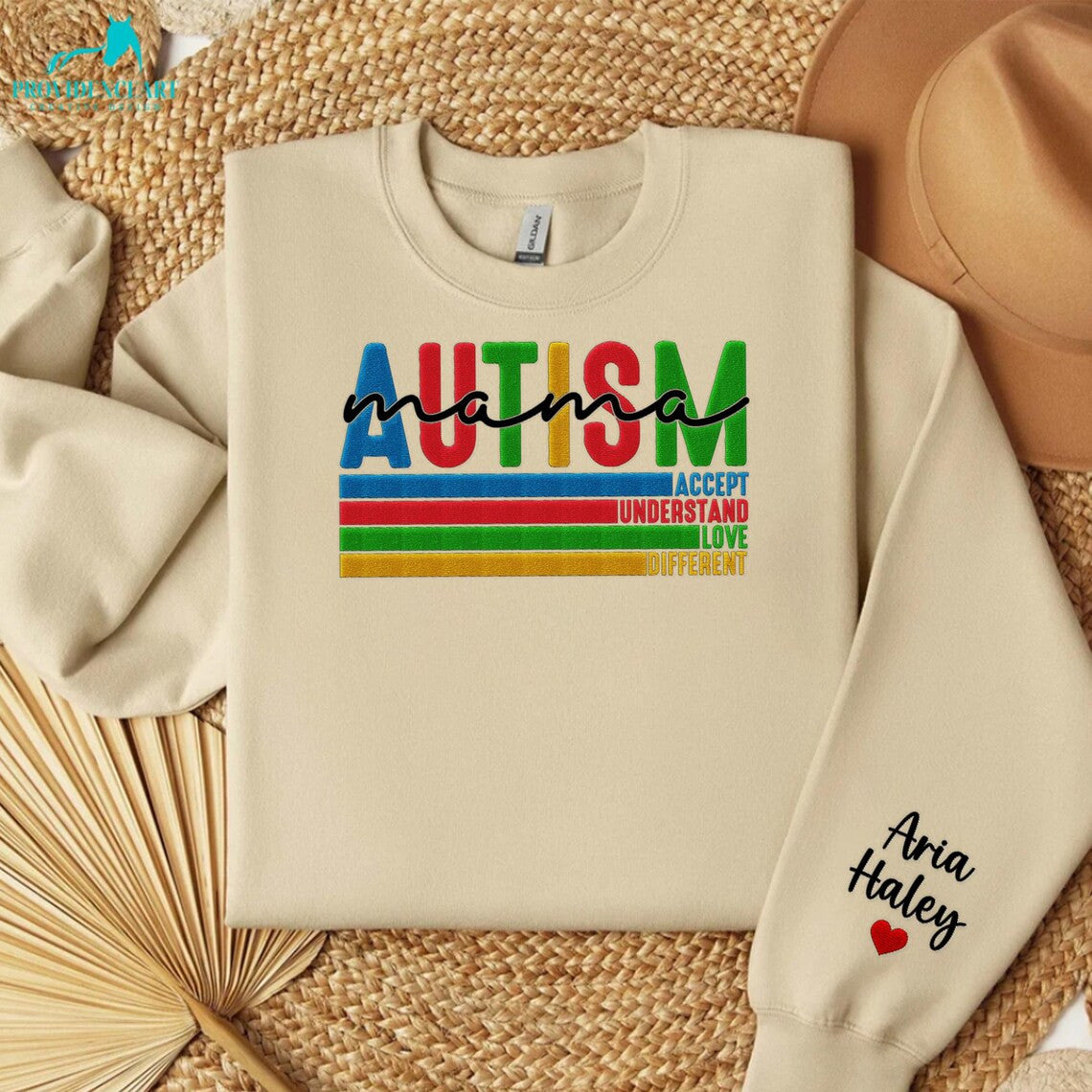 Custom Embroidered Autism Mama Sweatshirt with Kids Name on Sleeve, Autism Outfit For Autism Mama On It Mother's Day